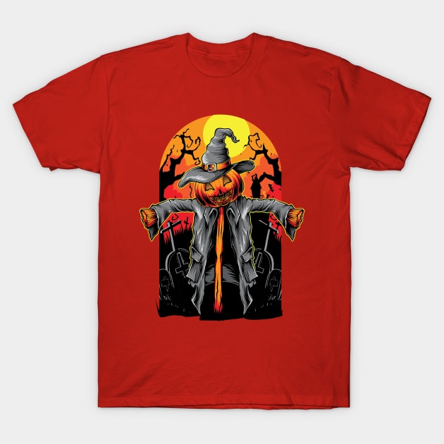 Pumpkin Scarecrow Cemetery Halloween T-Shirt by Printaha